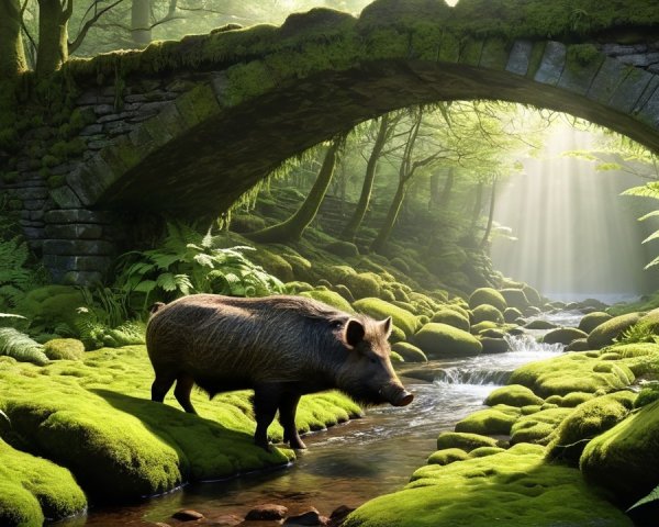 Wild Boar by Stream Under Ancient Stone Bridge