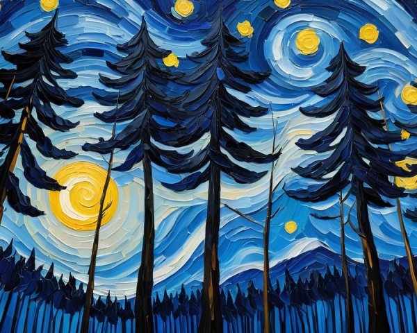 Textured Landscape with Pine Trees and Night Sky