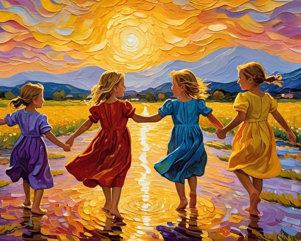 Young girls in colorful dresses in a sunlit field