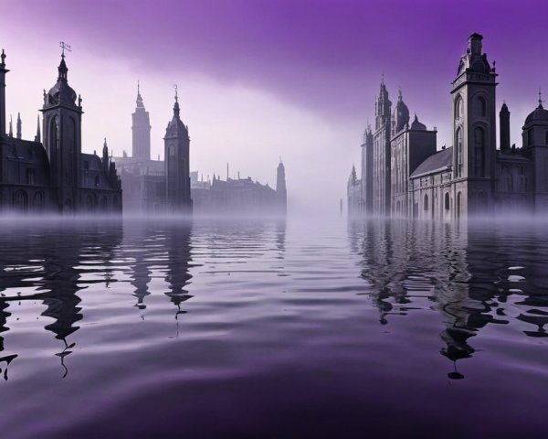 Surreal Misty Landscape with Gothic Buildings and Water