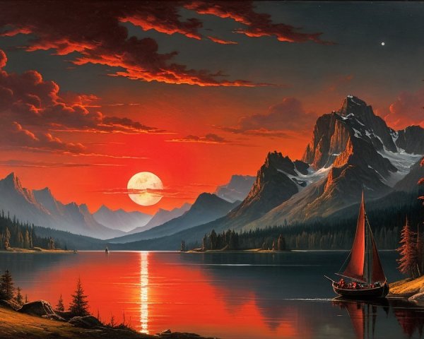 Twilight Landscape with Sunset and Calm Lake Reflection