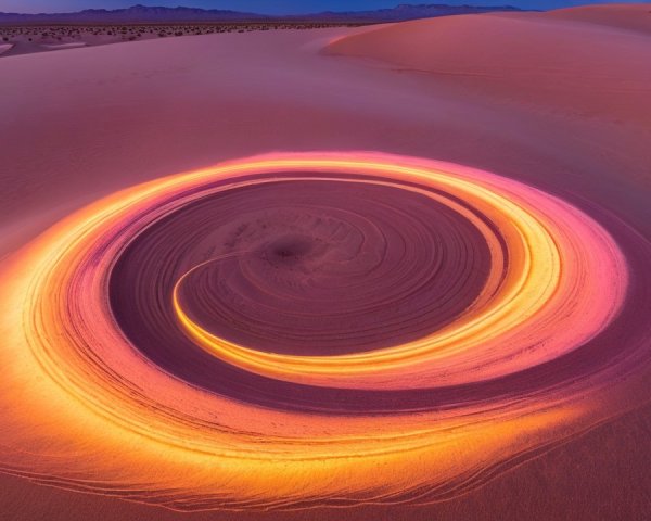 Vibrant Swirl of Light Over Sand Dunes at Twilight