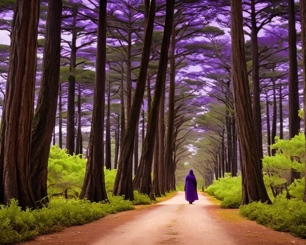 Solitary figure in purple by tranquil forest pathway