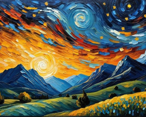 Vibrant Dusk Landscape with Mountains and Colorful Fields