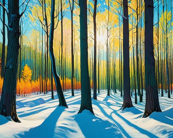Vibrant Winter Forest with Tall Trees and Snow