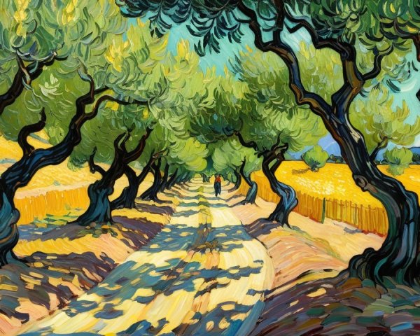 Vibrant Landscape with Olive Trees and Golden Fields