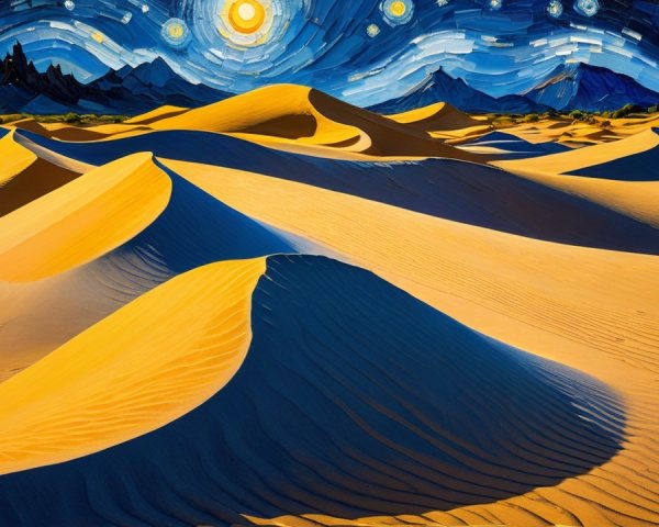 Desert Landscape with Sand Dunes and Starry Sky
