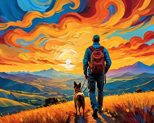 Vibrant Sunset Over Scenic Trail with Person and Dog