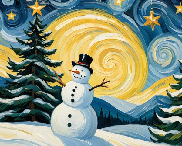Winter Scene with Snowman and Evergreen Trees