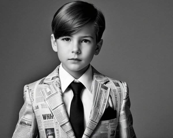 Young Boy in Newspaper Print Suit Modern Portrait