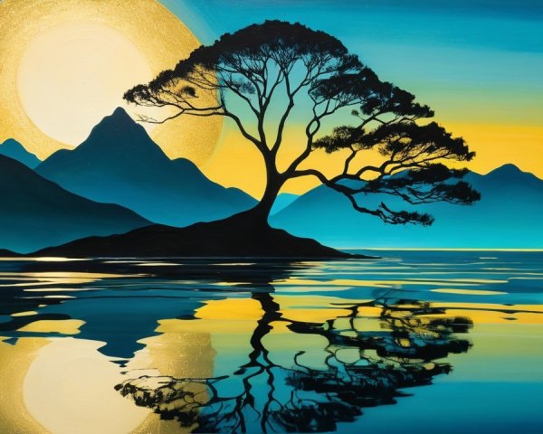 Serene Sunset Landscape with Silhouetted Tree