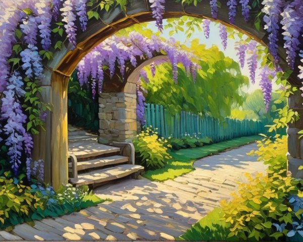 Serene garden pathway with stone arch and wisteria blooms