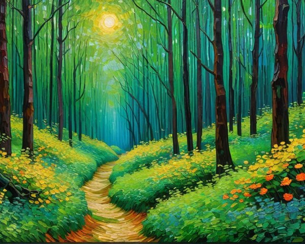Lush Forest Scene with Colorful Wildflowers and Path