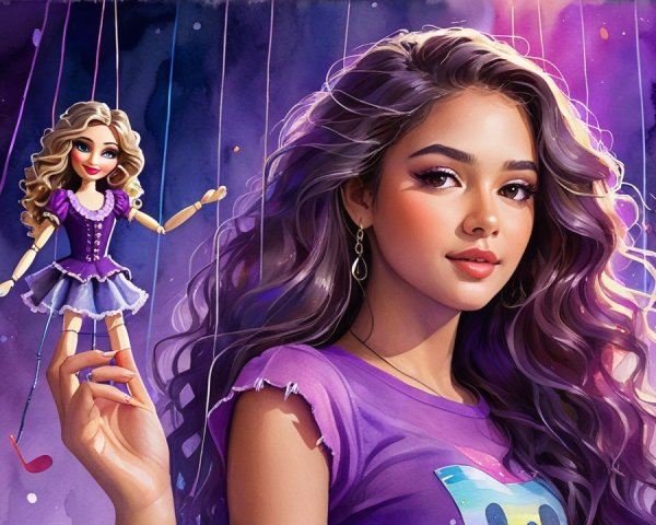 Young woman with purple hair and playful puppet display