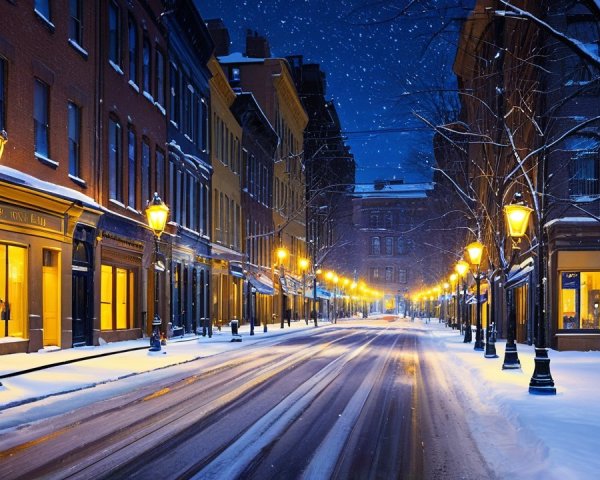 Winter Street Scene with Snow and Golden Streetlights