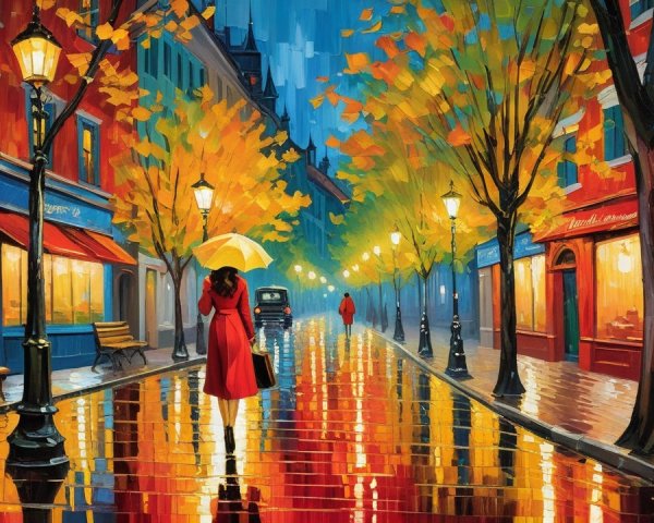 Vibrant Rainy Street Scene with Woman and Umbrella