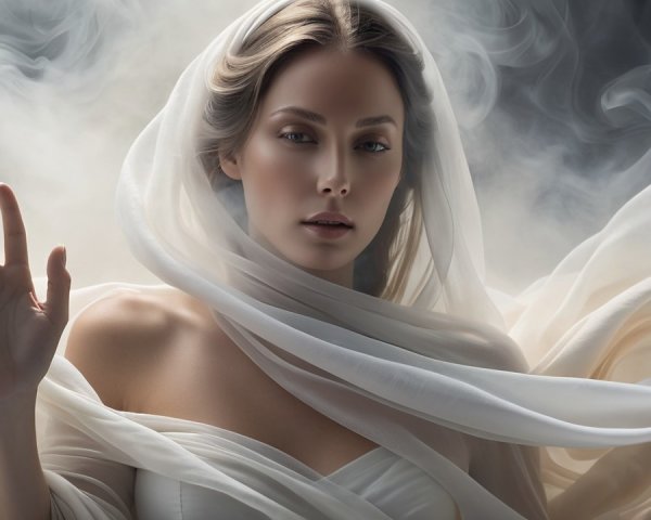 Ethereal Woman Surrounded by Soft Swirling Smoke