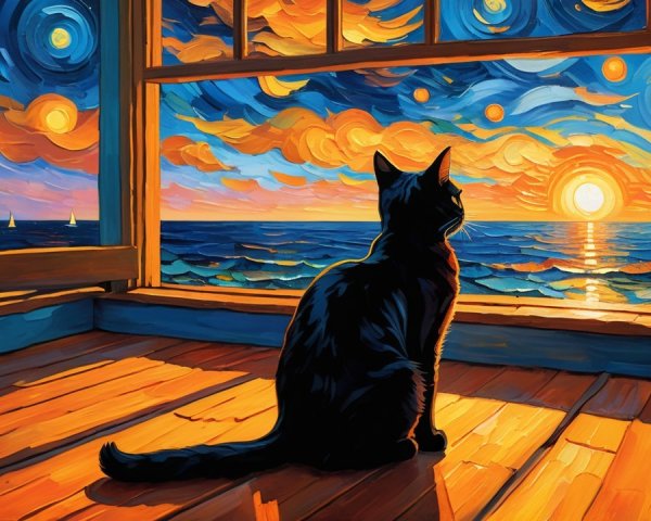 Black Cat on Wooden Floor with Sunset View
