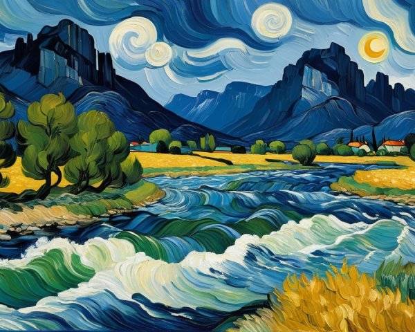 Vibrant River Landscape with Dramatic Sky and Mountains