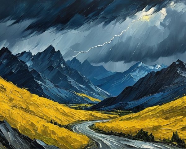 Impasto Oil Painting of Thunderstorm Over Mountain Valley