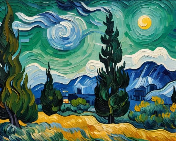 Vibrant Landscape with Swirling Skies and Cypress Trees