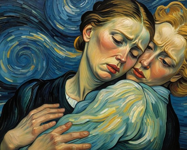 Emotional Embrace of Two Women in Swirling Background