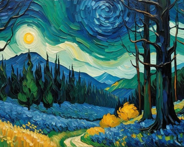 Starry Night Forest Scene with Mountains and Pathway