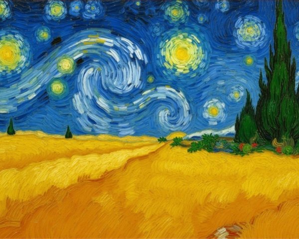 Swirling Night Sky Over Serene Landscape with Wheat Fields