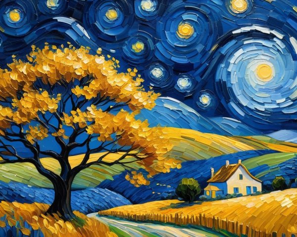 Vibrant Countryside Landscape Under Night Sky