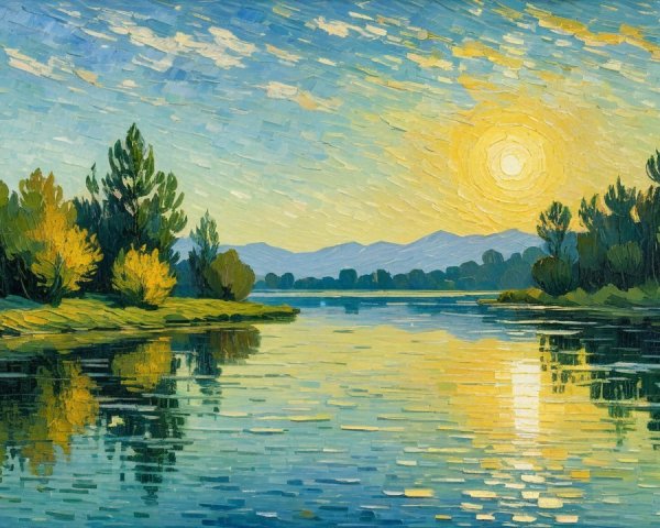 Serene landscape with river and vibrant sunset hues