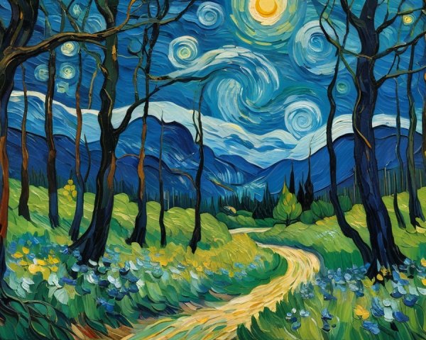 Textured Nighttime Forest Scene with Starry Sky