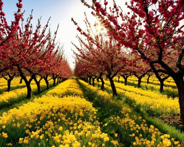 Vibrant Spring Landscape with Cherry Trees and Daffodils