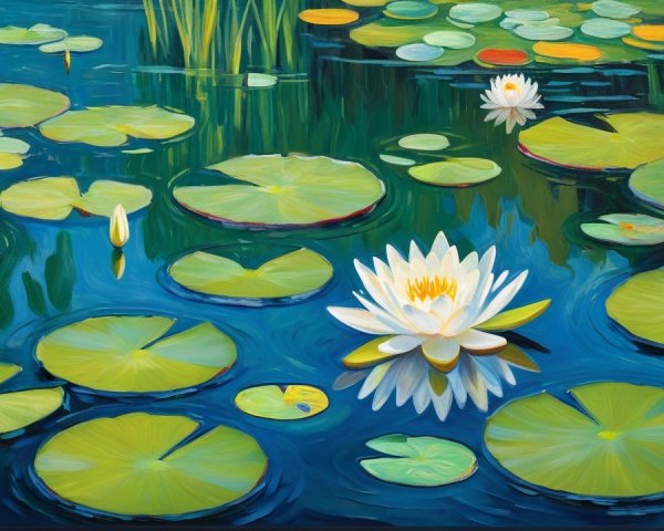Serene Water Scene with Lily Pads and Water Lily
