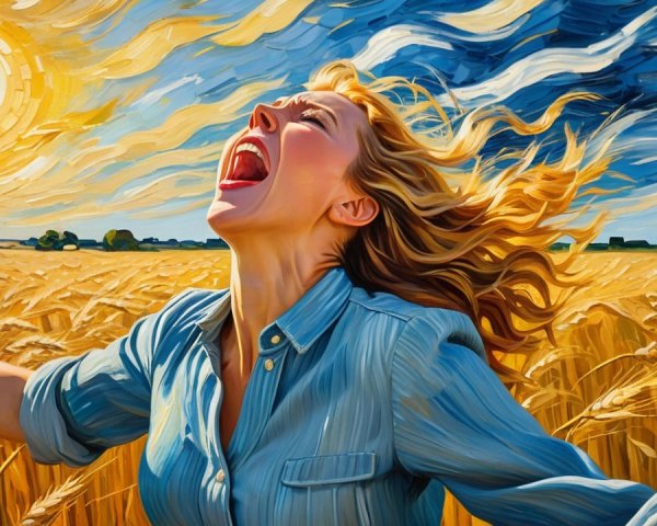 Woman in Wheat Field Under Vibrant Sky