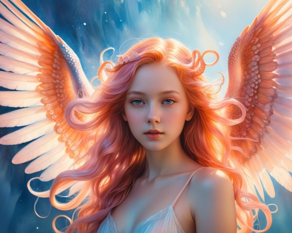 Ethereal Figure with Pastel Pink Hair and Wings