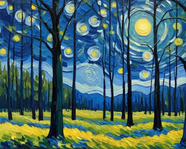 Stylized oil painting of a forest meadow at dusk