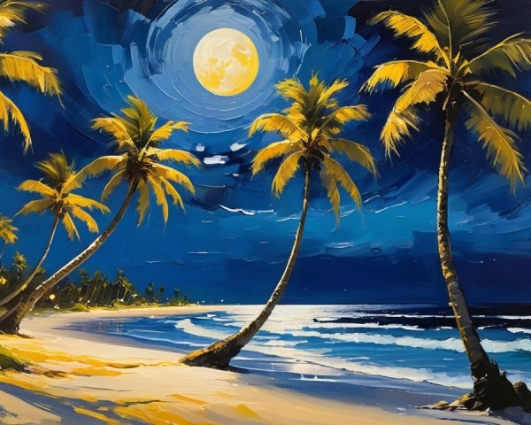 Tropical Beach Night Scene with Full Moon and Palm Trees
