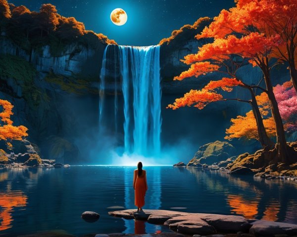 Waterfall Surrounded by Autumn Foliage and Moonlight