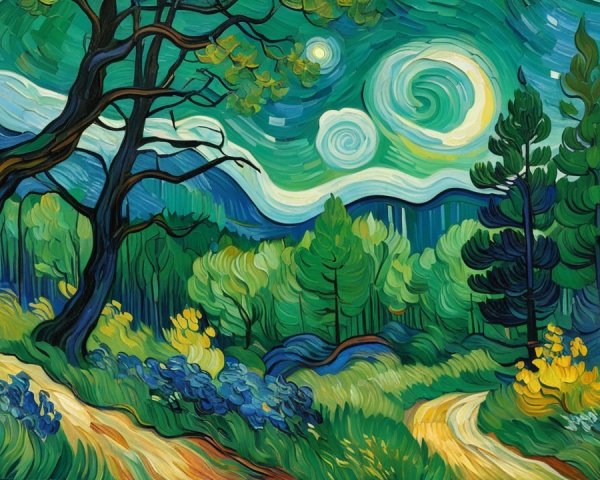 Oil Painting of a Forest Landscape with Surreal Sky