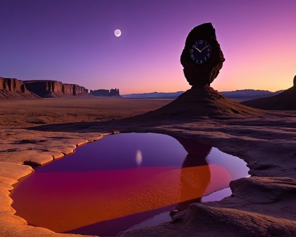 Surreal Landscape with Giant Clock and Reflective Pool
