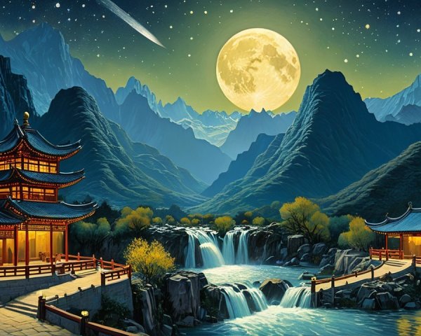 Digital Painting of Chinese Temples in Mountain Landscape