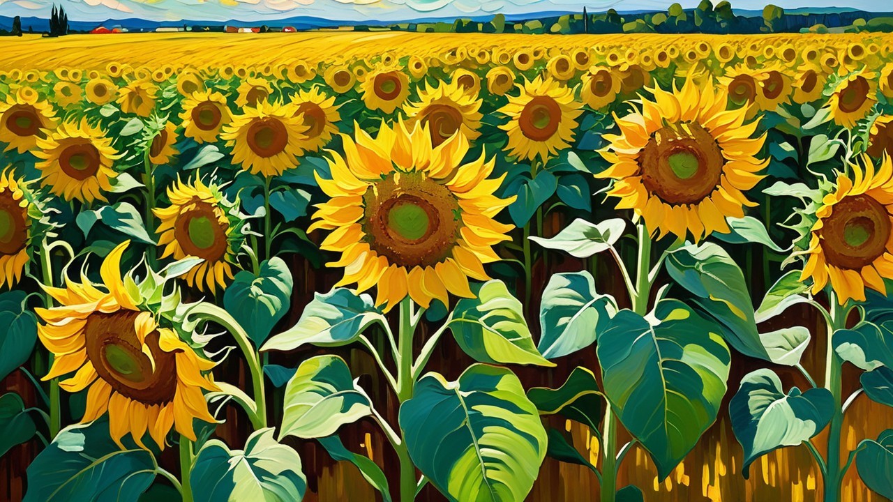 Vibrant Sunflower Field Under Blue Sky and Hills