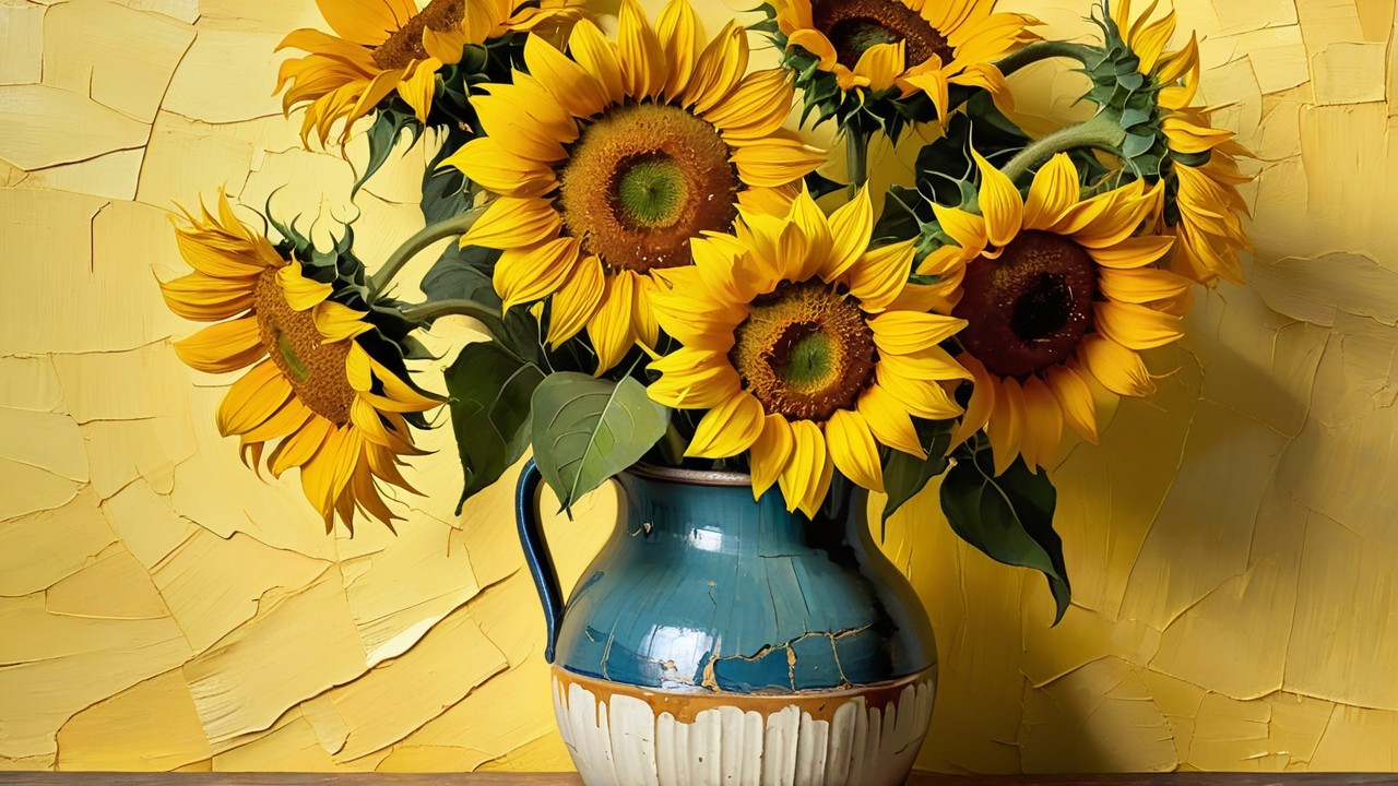 Sunflowers in a Rustic Blue Vase Against Yellow Wall