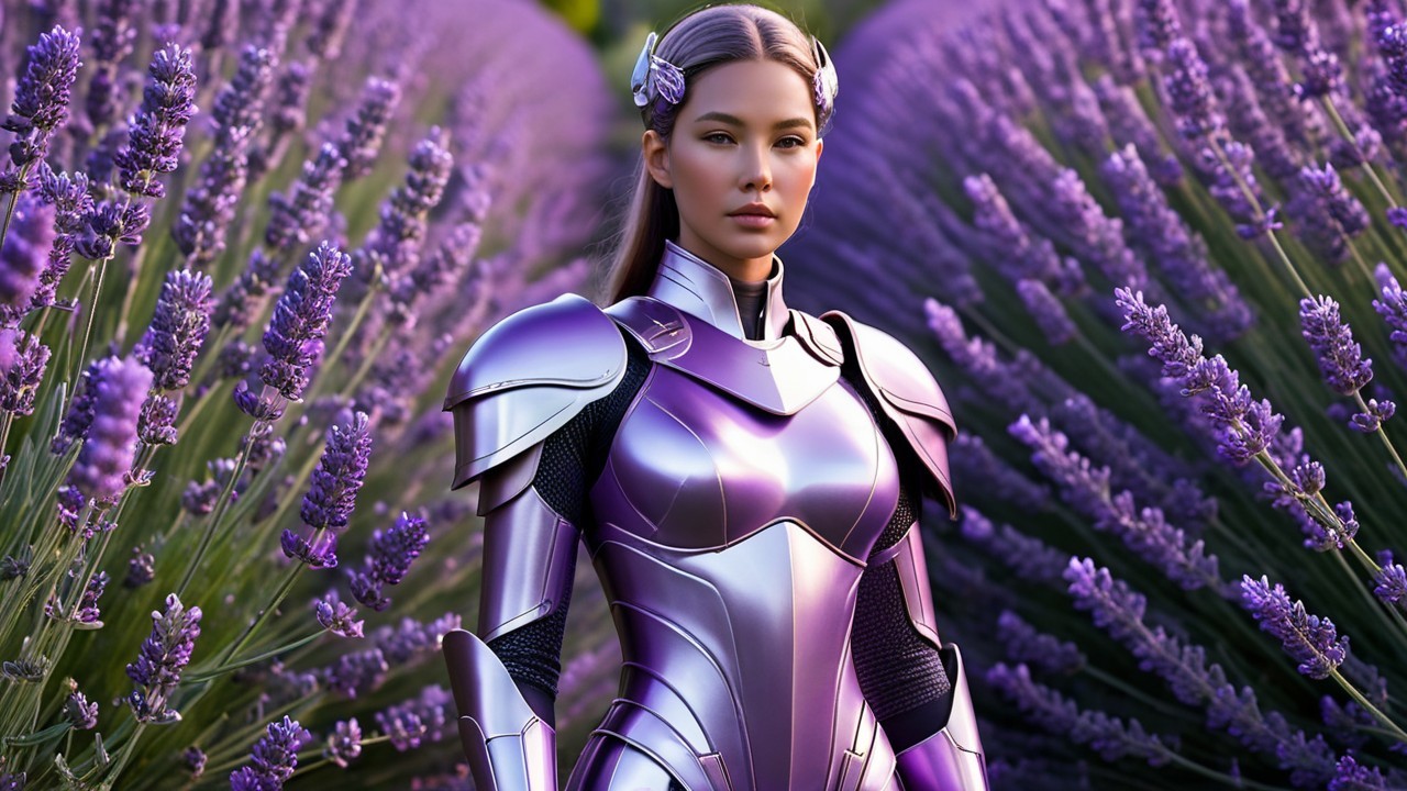 Futuristic figure in reflective armor among lavender fields