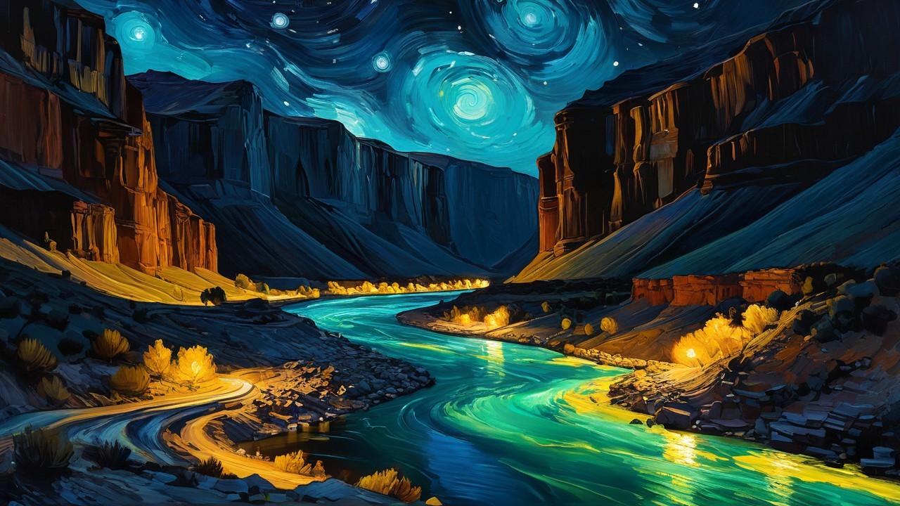 Vivid Landscape with Starlit Sky and Winding River