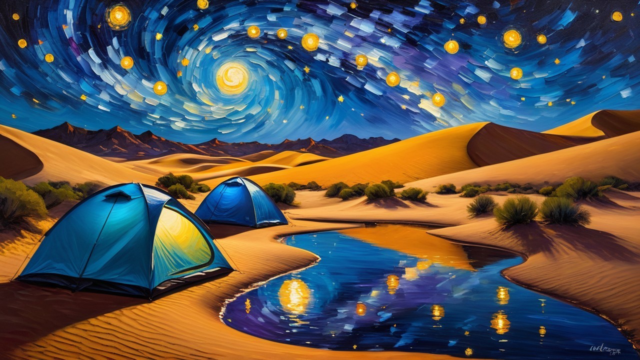 Serene Desert Night with Blue Tents and Oasis Reflection