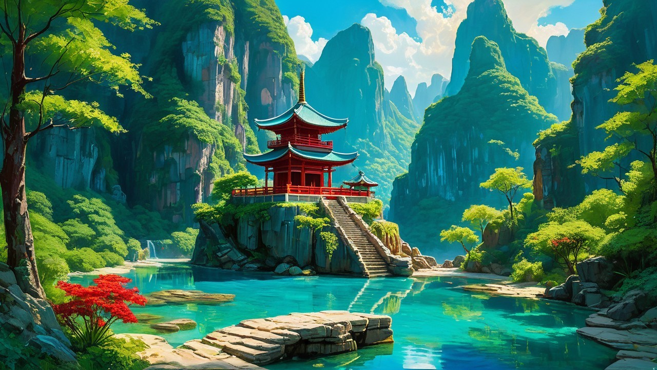Serene Landscape with Red Pagoda and Tranquil Lake