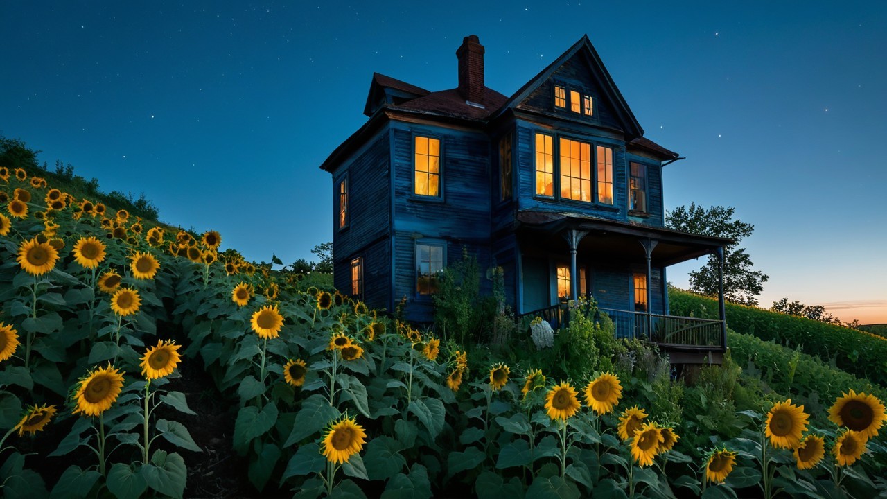 Charming Blue House Surrounded by Sunflowers at Dusk