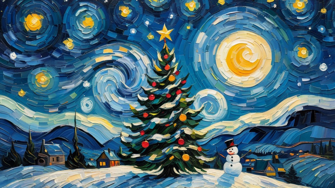 Christmas Scene Under Starry Sky in Van Gogh Style