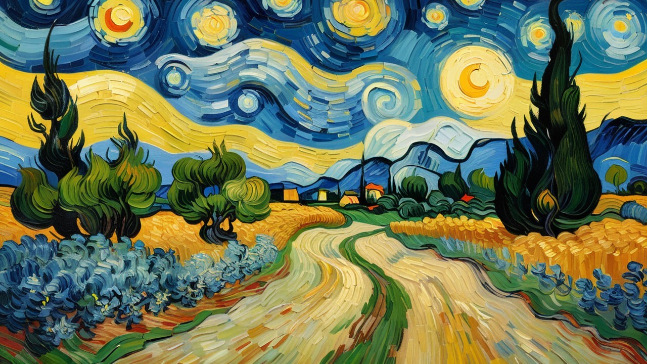 Vibrant Night Sky with Rolling Hills and Cypress Trees